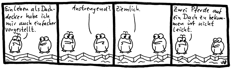 Ein Leben als Dachdecker habe ich mir auch einfacher vorgestellt. Anstrengend? Ziemlich. Zwei Pferde auf ein Dach zu bekommen ist nicht leicht.